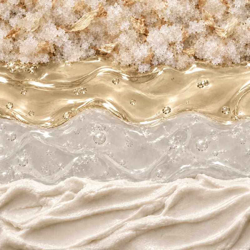 The four textures, top to bottom: sea salt polish, hand oil, emulsifying serum and hand cream