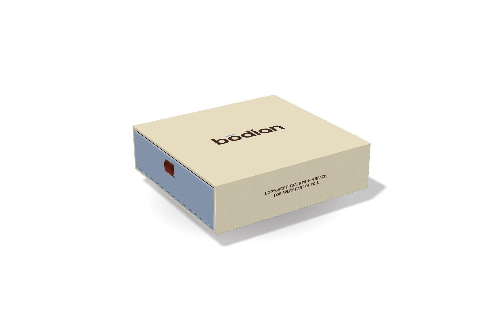 The bōdian ritual box: a cream sleeve and the cerulean drawer on its ribbon